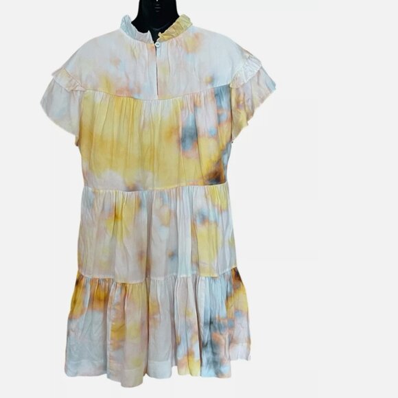 Marie Oliver Silk Blend Watercolor Flutter Sleeve Tiered Dress Women's size L - Picture 7 of 9